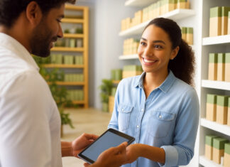 Digital Convenience Driving Dispensary Sales this Season A friendly budtender assists a customer using a digital tablet in a clean, well-designed retail environment featuring neatly packaged cannabis products.