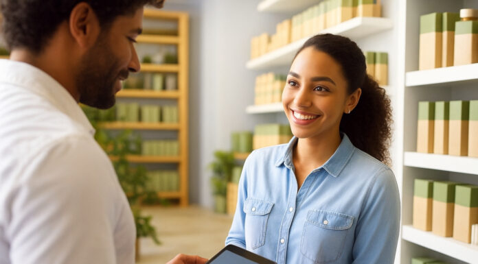 Digital Convenience Driving Dispensary Sales this Season A friendly budtender assists a customer using a digital tablet in a clean, well-designed retail environment featuring neatly packaged cannabis products.