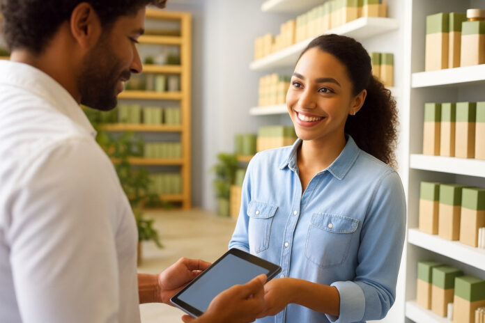 green-wednesday-dispensary-digital-shopping A friendly budtender assists a customer using a digital tablet in a clean, well-designed retail environment featuring neatly packaged cannabis products.