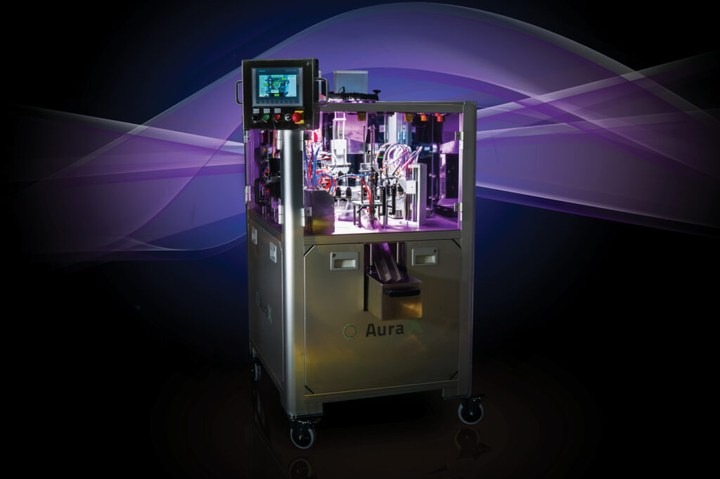 The Hefestus Aura automation unit illuminated against a stylized background showcasing advanced engineering design.