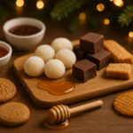 Top Hemp-Derived Edibles for Holiday Noshing Warm holiday tabletop with mochi, chocolates, cookies, caramel drizzle, and small bowls of sauce arranged on a wooden tray with festive lights in the background.