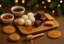 Top Hemp-Derived Edibles for Holiday Noshing Warm holiday tabletop with mochi, chocolates, cookies, caramel drizzle, and small bowls of sauce arranged on a wooden tray with festive lights in the background.