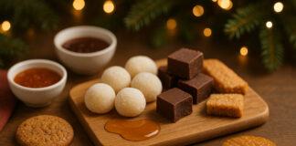 Top Hemp-Derived Edibles for Holiday Noshing Warm holiday tabletop with mochi, chocolates, cookies, caramel drizzle, and small bowls of sauce arranged on a wooden tray with festive lights in the background.