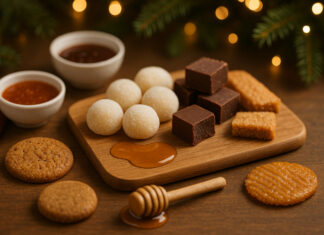 Top Hemp-Derived Edibles for Holiday Noshing Warm holiday tabletop with mochi, chocolates, cookies, caramel drizzle, and small bowls of sauce arranged on a wooden tray with festive lights in the background.