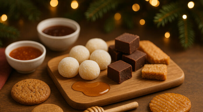 Top Hemp-Derived Edibles for Holiday Noshing Warm holiday tabletop with mochi, chocolates, cookies, caramel drizzle, and small bowls of sauce arranged on a wooden tray with festive lights in the background.