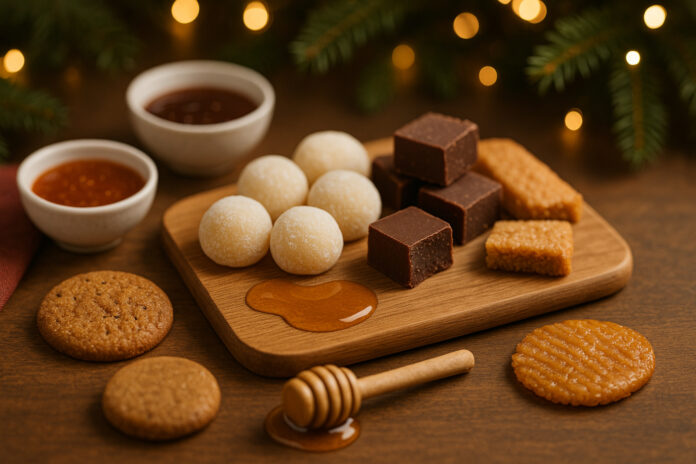 holiday-hemp-edibles-dessert-spread Warm holiday tabletop with mochi, chocolates, cookies, caramel drizzle, and small bowls of sauce arranged on a wooden tray with festive lights in the background.