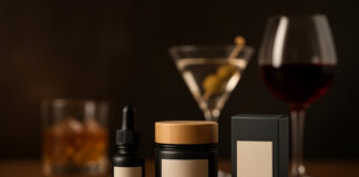 Living Near Dispensaries Linked with More Cannabis Use, Less Heavy Drinking Minimalist product packaging in focus with blurred alcoholic drinks behind it on a warm bar surface.
