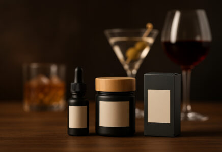 Minimalist product packaging in focus with blurred alcoholic drinks behind it on a warm bar surface.
