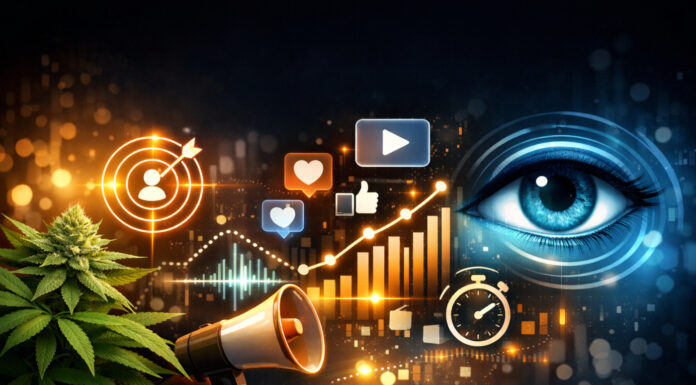 The Death of Vanity Metrics Abstract visualization of attention metrics in cannabis marketing, illustrating audience engagement, focus, and the shift away from vanity metrics like clicks and impressions.