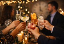 Cannabis Drinks vs. Booze for New Year’s New Year’s Eve celebration with non-alcoholic and cannabis-inspired drinks replacing traditional booze