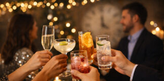 Cannabis Drinks vs. Booze for New Year’s New Year’s Eve celebration with non-alcoholic and cannabis-inspired drinks replacing traditional booze