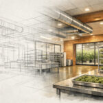 Cannabis Grows Up: Why 2025 Marked the Industry’s Turning Point Architectural illustration transitioning from a line drawing to a full-color rendering of a modern cannabis processing facility, symbolizing the industry’s move from adolescence to maturity.