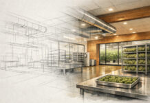 Cannabis Grows Up: Why 2025 Marked the Industry’s Turning Point Architectural illustration transitioning from a line drawing to a full-color rendering of a modern cannabis processing facility, symbolizing the industry’s move from adolescence to maturity.