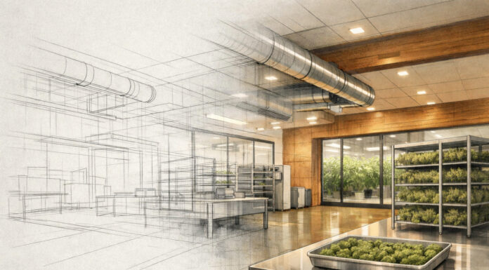 Cannabis Grows Up: Why 2025 Marked the Industry’s Turning Point Architectural illustration transitioning from a line drawing to a full-color rendering of a modern cannabis processing facility, symbolizing the industry’s move from adolescence to maturity.
