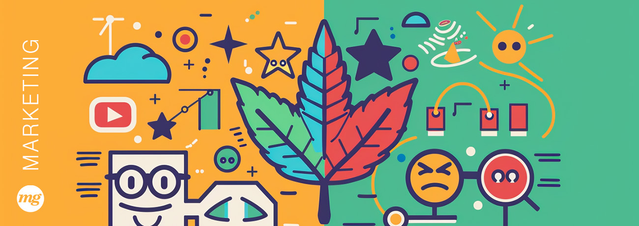 Colorful illustration representing cannabis marketing and PR strategy with digital icons, 
    title=
