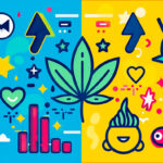 How to Measure the Real ROI of Cannabis PR Colorful abstract illustration representing cannabis PR and marketing analytics, including a cannabis leaf, digital metrics, media icons, and growth symbols.