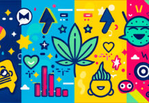 How to Measure the Real ROI of Cannabis PR Colorful abstract illustration representing cannabis PR and marketing analytics, including a cannabis leaf, digital metrics, media icons, and growth symbols.