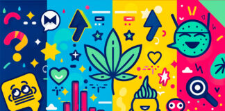 How to Measure the Real ROI of Cannabis PR Colorful abstract illustration representing cannabis PR and marketing analytics, including a cannabis leaf, digital metrics, media icons, and growth symbols.