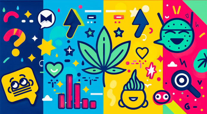 How to Measure the Real ROI of Cannabis PR Colorful abstract illustration representing cannabis PR and marketing analytics, including a cannabis leaf, digital metrics, media icons, and growth symbols.
