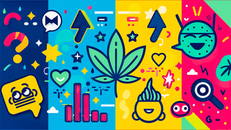 Colorful abstract illustration representing cannabis PR and marketing analytics, including a cannabis leaf, digital metrics, media icons, and growth symbols.