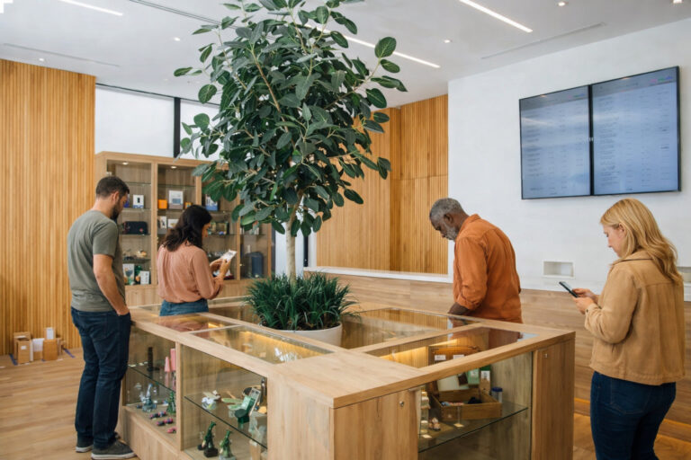 Customers browse products inside a bright, modern cannabis dispensary designed to feel welcoming and educational.