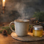 Cannabis & Cozy: Turning Winter Self-Care Into Sales Cannabis wellness product styled beside a steaming mug in a cozy winter self-care setting.