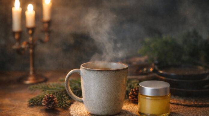 Cannabis & Cozy: Turning Winter Self-Care Into Sales Cannabis wellness product styled beside a steaming mug in a cozy winter self-care setting.