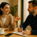 Green Lane Communication on Trust and Credibility in Cannabis PR Two professionals in conversation at a café, illustrating trust-based public relations and relationship-driven communication.