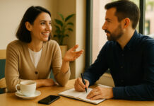Green Lane Communication on Trust and Credibility in Cannabis PR Two professionals in conversation at a café, illustrating trust-based public relations and relationship-driven communication.