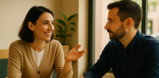 Green Lane Communication on Trust and Credibility in Cannabis PR Two professionals in conversation at a café, illustrating trust-based public relations and relationship-driven communication.