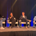 Panelists seated onstage during an MJBizCon 2025 session about AI in cannabis cultivation, discussing environmental control, automation, and grow-room fundamentals.