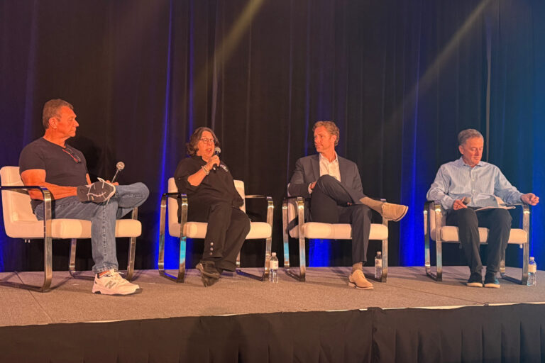 Panelists seated onstage during an MJBizCon 2025 session about AI in cannabis cultivation, discussing environmental control, automation, and grow-room fundamentals.