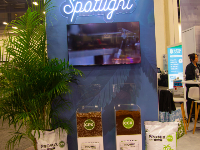 Pro-Mix booth at MJBizCon 2025 featuring CPX and CCX growing media for cannabis cultivation.