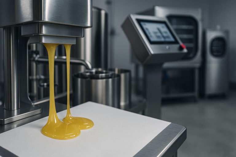 Golden cannabis rosin dripping from a stainless steel press onto parchment paper in a modern solventless extraction facility with touchscreen controls