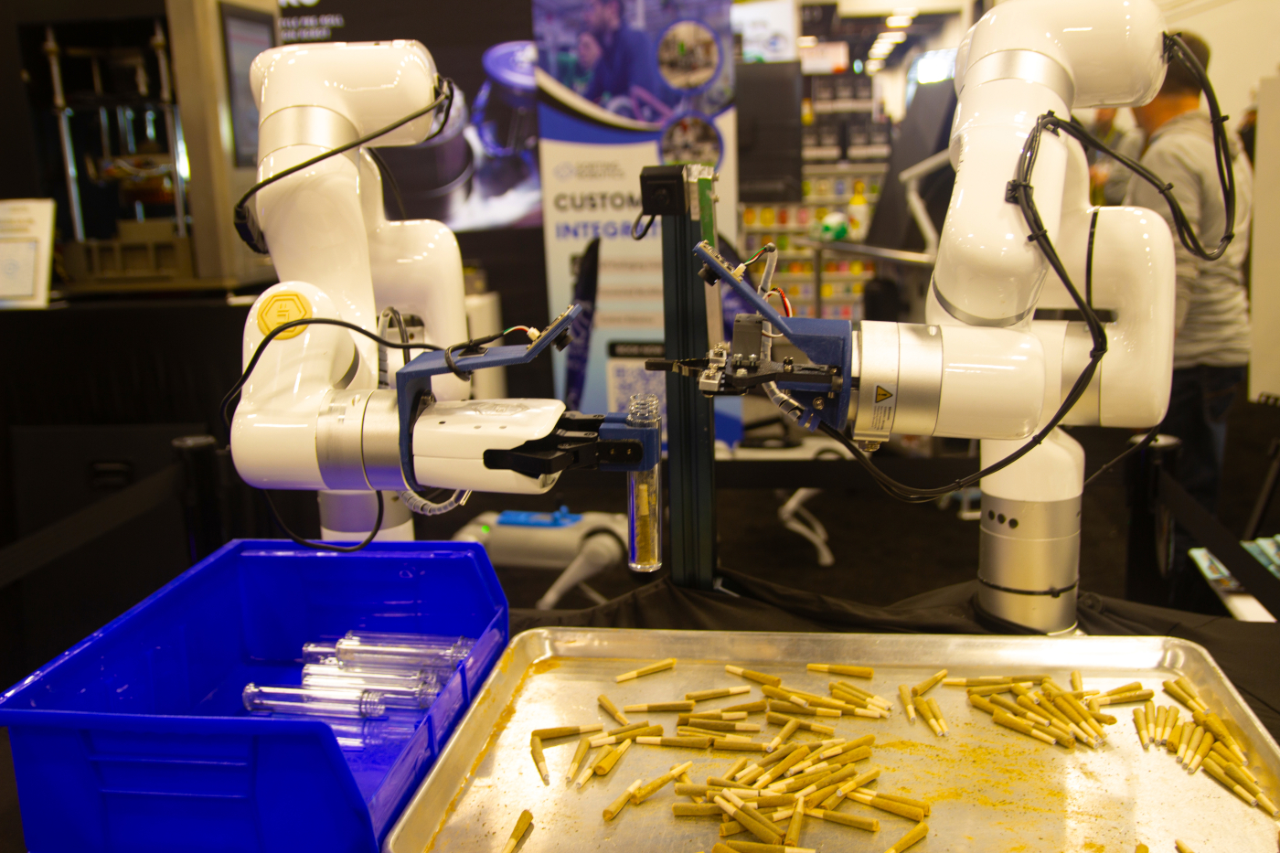 Sorting Robotics' robotic arms sorting and packaging cannabis pre-rolls at MJBizCon 2025.
