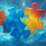 Cannabis Needs a Unified Financial Backbone Colorful glasslike puzzle pieces interlocking against an abstract crystalline blue background, symbolizing unified financial infrastructure.