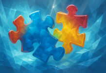 Cannabis Needs a Unified Financial Backbone Colorful glasslike puzzle pieces interlocking against an abstract crystalline blue background, symbolizing unified financial infrastructure.