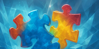 Cannabis Needs a Unified Financial Backbone Colorful glasslike puzzle pieces interlocking against an abstract crystalline blue background, symbolizing unified financial infrastructure.