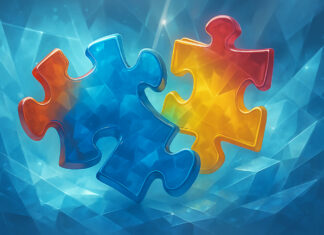 Cannabis Needs a Unified Financial Backbone Colorful glasslike puzzle pieces interlocking against an abstract crystalline blue background, symbolizing unified financial infrastructure.