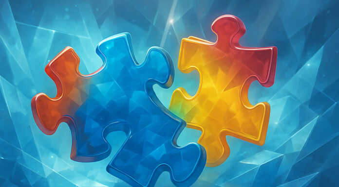 Cannabis Needs a Unified Financial Backbone Colorful glasslike puzzle pieces interlocking against an abstract crystalline blue background, symbolizing unified financial infrastructure.