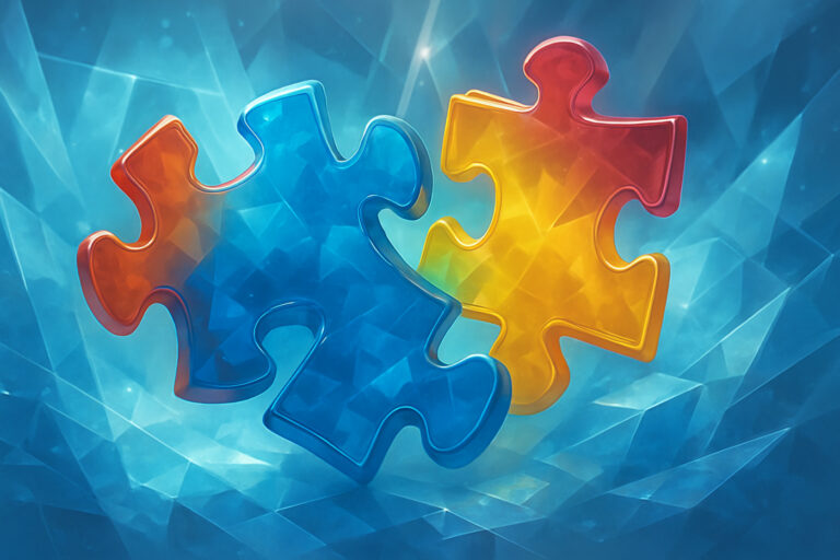 Colorful glasslike puzzle pieces interlocking against an abstract crystalline blue background, symbolizing unified financial infrastructure.