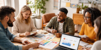 Cannabis Creative Group on Local Search, Brand Storytelling, and Measurable Growth A marketing team reviews brand visuals and performance data in a modern strategy session.