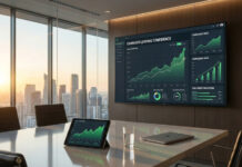 From Cash to Credit: Navigating the Cannabis Lending Inflection Point in 2026 A modern executive boardroom displaying a financial dashboard on a large screen with upward-trending charts titled "CANNABIS LENDING CONFIDENCE" and "2026 CREDIT INFLECTION," visualizing the shift from cash to lending based on compliance data.