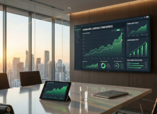 From Cash to Credit: Navigating the Cannabis Lending Inflection Point in 2026 A modern executive boardroom displaying a financial dashboard on a large screen with upward-trending charts titled "CANNABIS LENDING CONFIDENCE" and "2026 CREDIT INFLECTION," visualizing the shift from cash to lending based on compliance data.