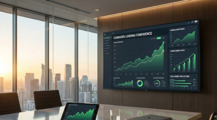 From Cash to Credit: Navigating the Cannabis Lending Inflection Point in 2026 A modern executive boardroom displaying a financial dashboard on a large screen with upward-trending charts titled "CANNABIS LENDING CONFIDENCE" and "2026 CREDIT INFLECTION," visualizing the shift from cash to lending based on compliance data.