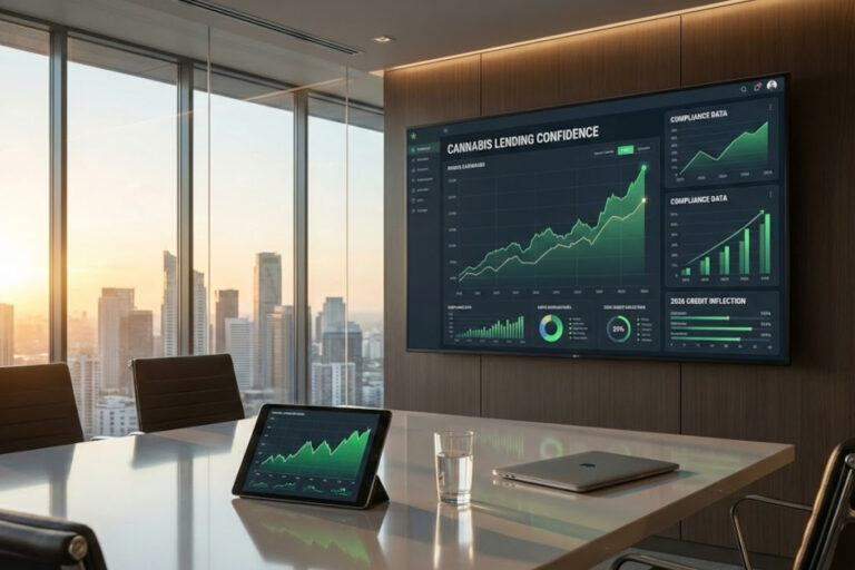 A modern executive boardroom displaying a financial dashboard on a large screen with upward-trending charts titled "CANNABIS LENDING CONFIDENCE" and "2026 CREDIT INFLECTION," visualizing the shift from cash to lending based on compliance data.
