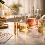 Terpenes, Story, and Time: The Perfumery Playbook for Cannabis Close-up of a perfumer’s workspace with glass beakers, a pipette, translucent aromatic liquids, and fragrance blotter strips in soft natural light.