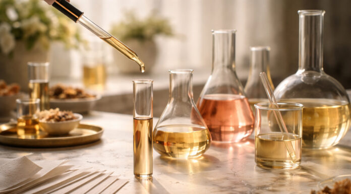 Terpenes, Story, and Time: The Perfumery Playbook for Cannabis Close-up of a perfumer’s workspace with glass beakers, a pipette, translucent aromatic liquids, and fragrance blotter strips in soft natural light.