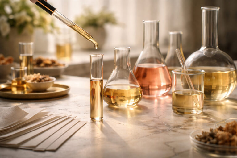 Close-up of a perfumer’s workspace with glass beakers, a pipette, translucent aromatic liquids, and fragrance blotter strips in soft natural light.
