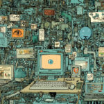 How Authority Signals Drive SEO and AI in Cannabis Marketing Illustrated digital network symbolizing AI-driven discovery systems and authority signals in cannabis advertising, featuring interconnected screens, documents, and surveillance elements.